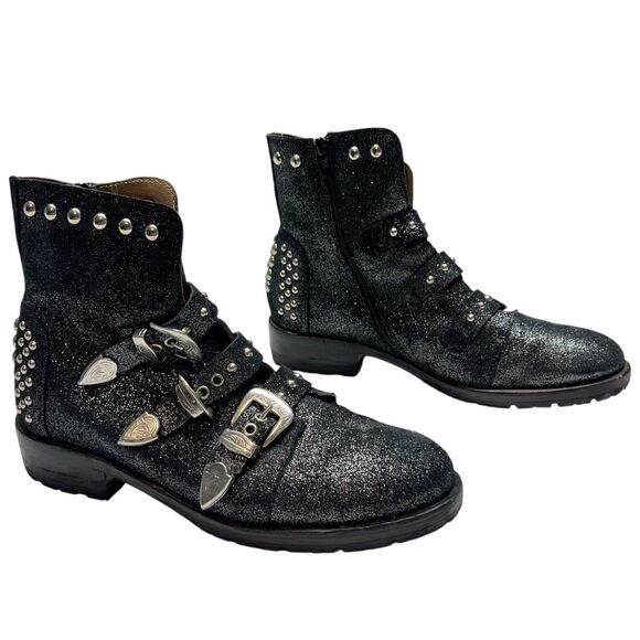Women’s Leather Studded Moto Ankle Boots Booties Black Sz 8 - Picture 1 of 11